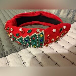 Festive Red Headband with Christmas Tree Design